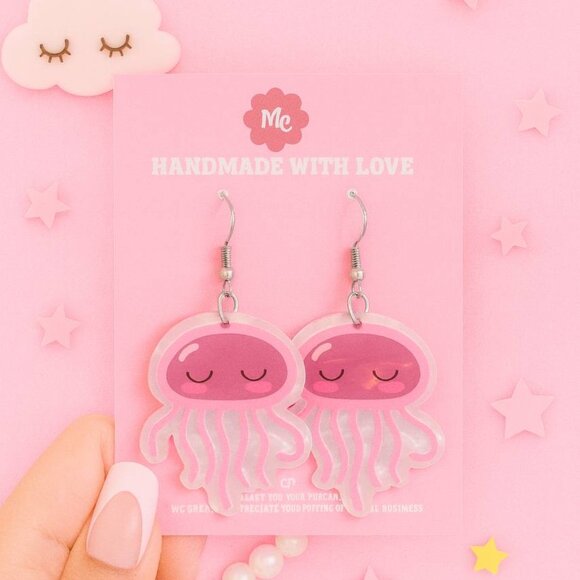 Pink Jellyfish Earrings — Cute Ocean Kawaii Dangle Jewelry - Picture 1 of 4